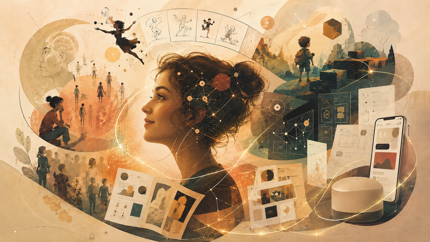 Illustration representing a designer's multidisciplinary journey through psychology, animation, motion, and product design