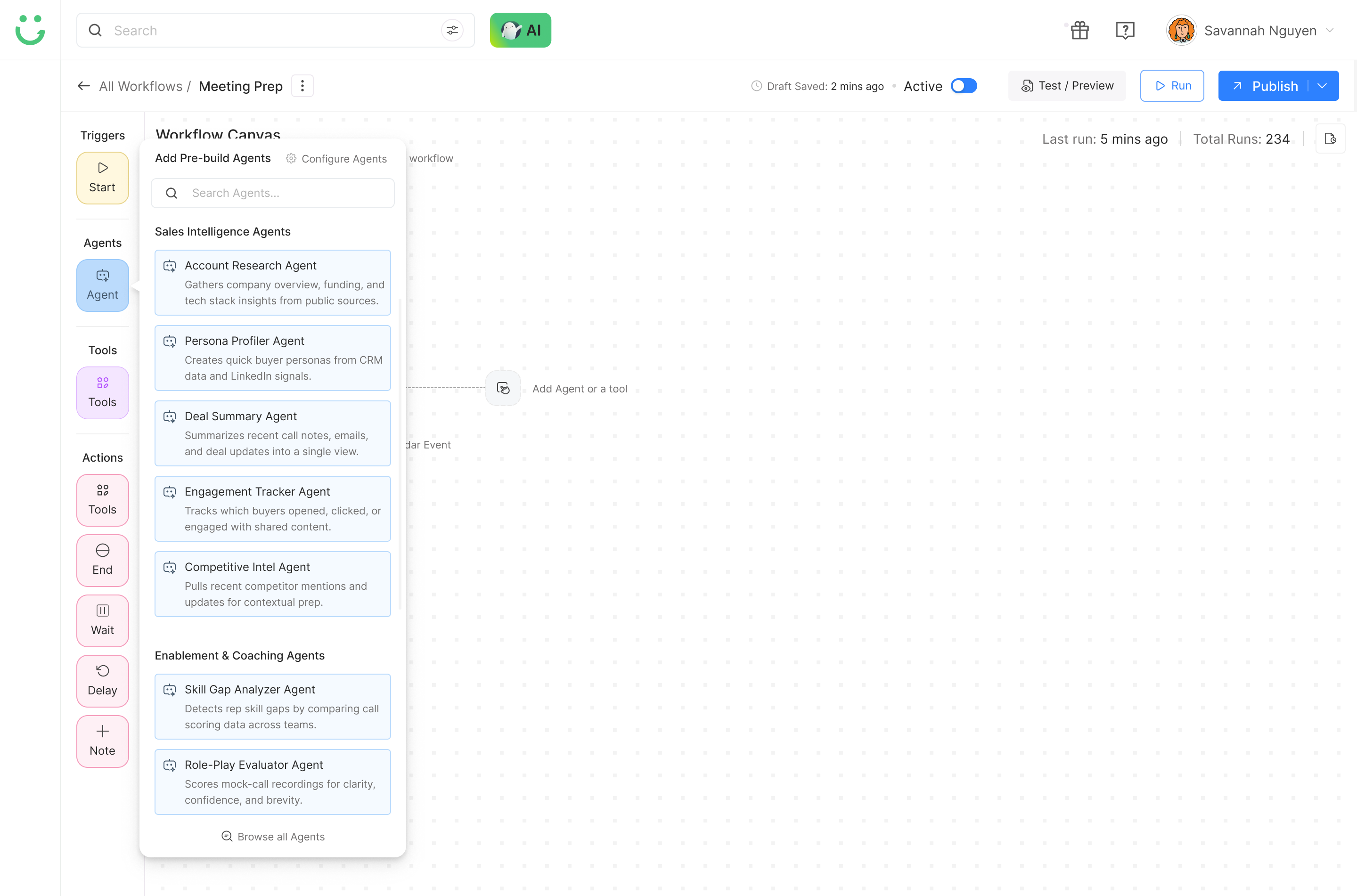 Add pre-built agents panel showing a library of ready-made agents to drop into a workflow