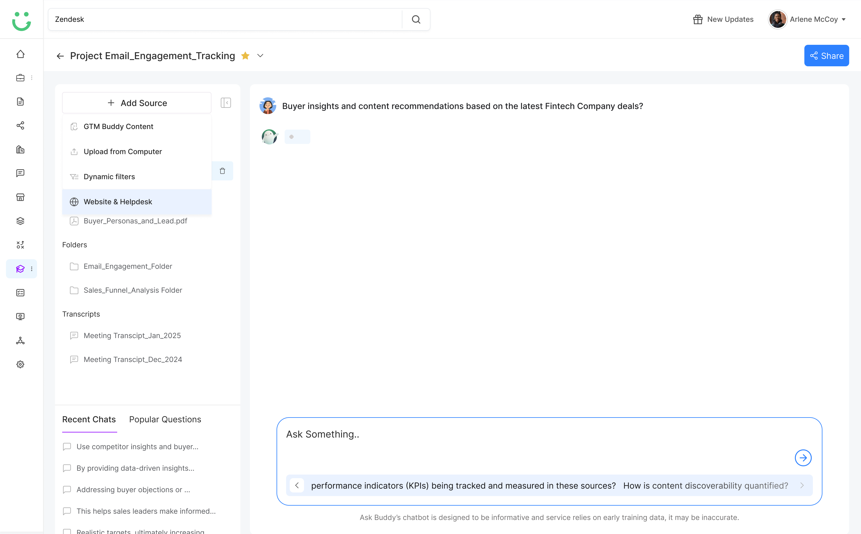 Ask Buddy interface with source panel open alongside the chat