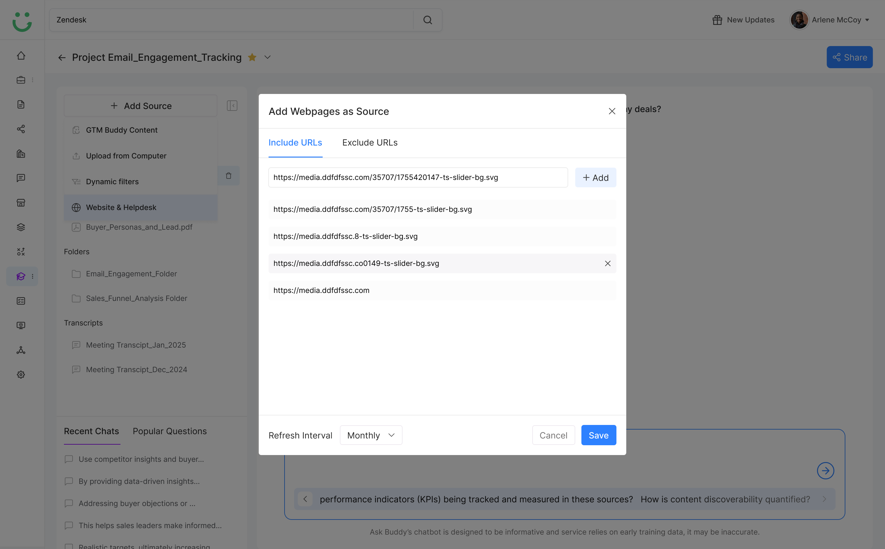 Add Webpages as Source modal showing URL inputs with include and exclude tabs