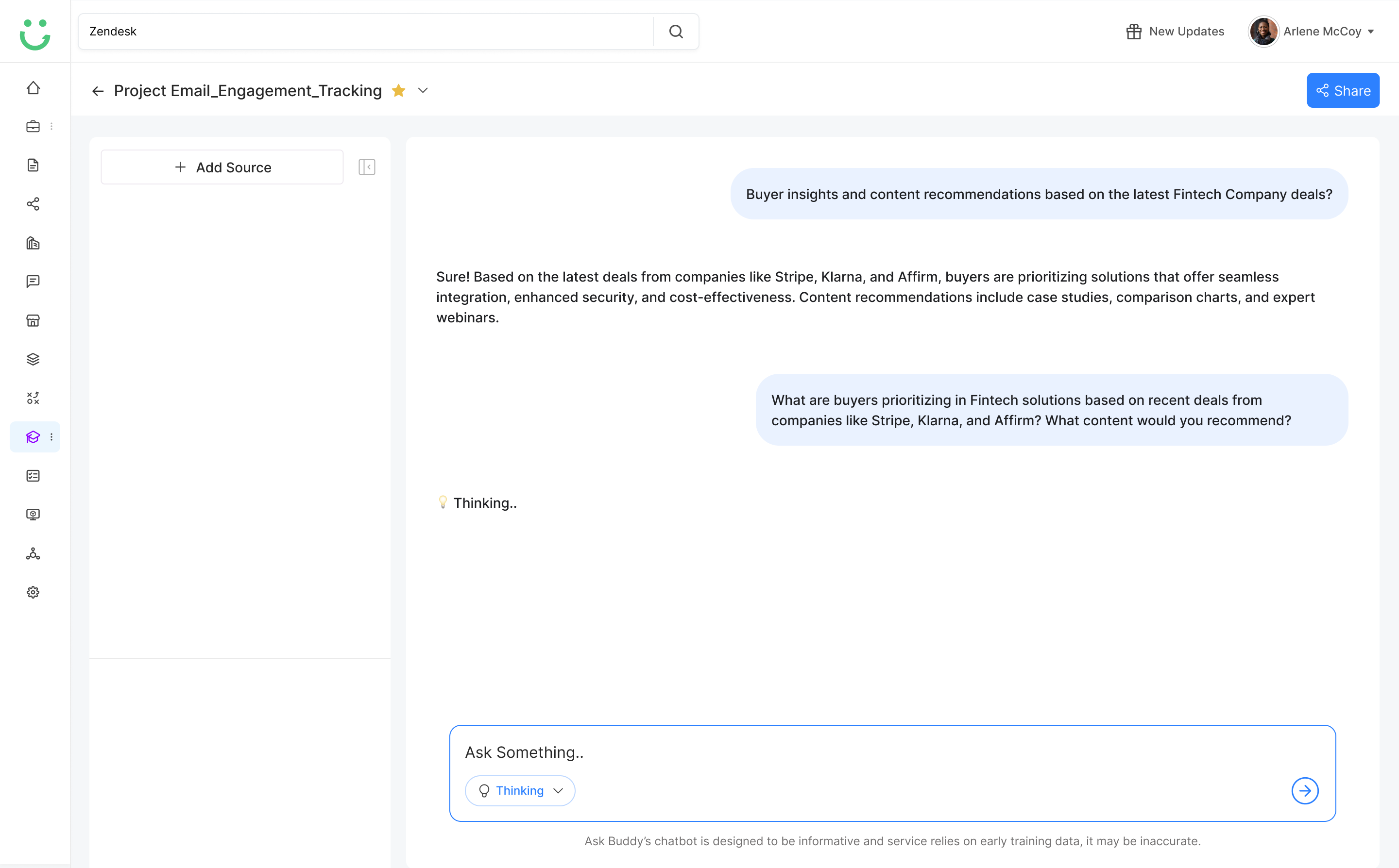Ask Buddy in Thinking mode showing a Thinking status while processing the query