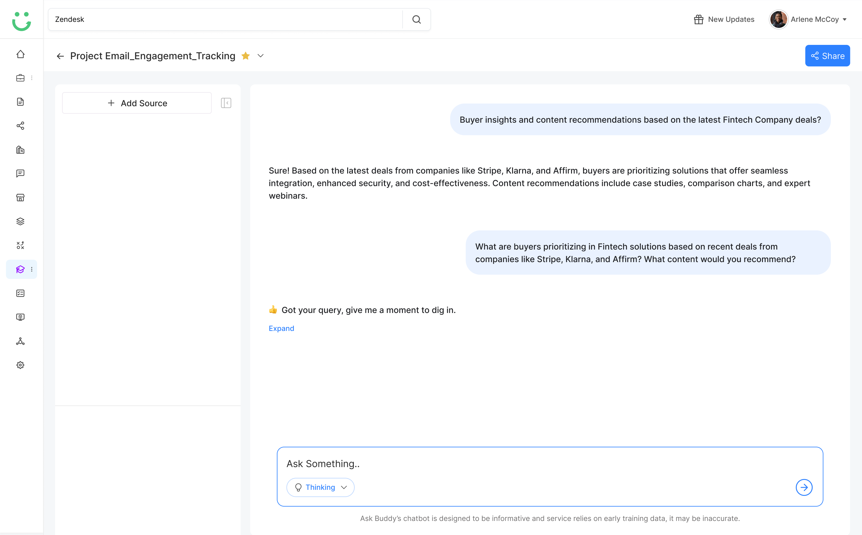 Ask Buddy responding with contextual answer and thinking confirmation