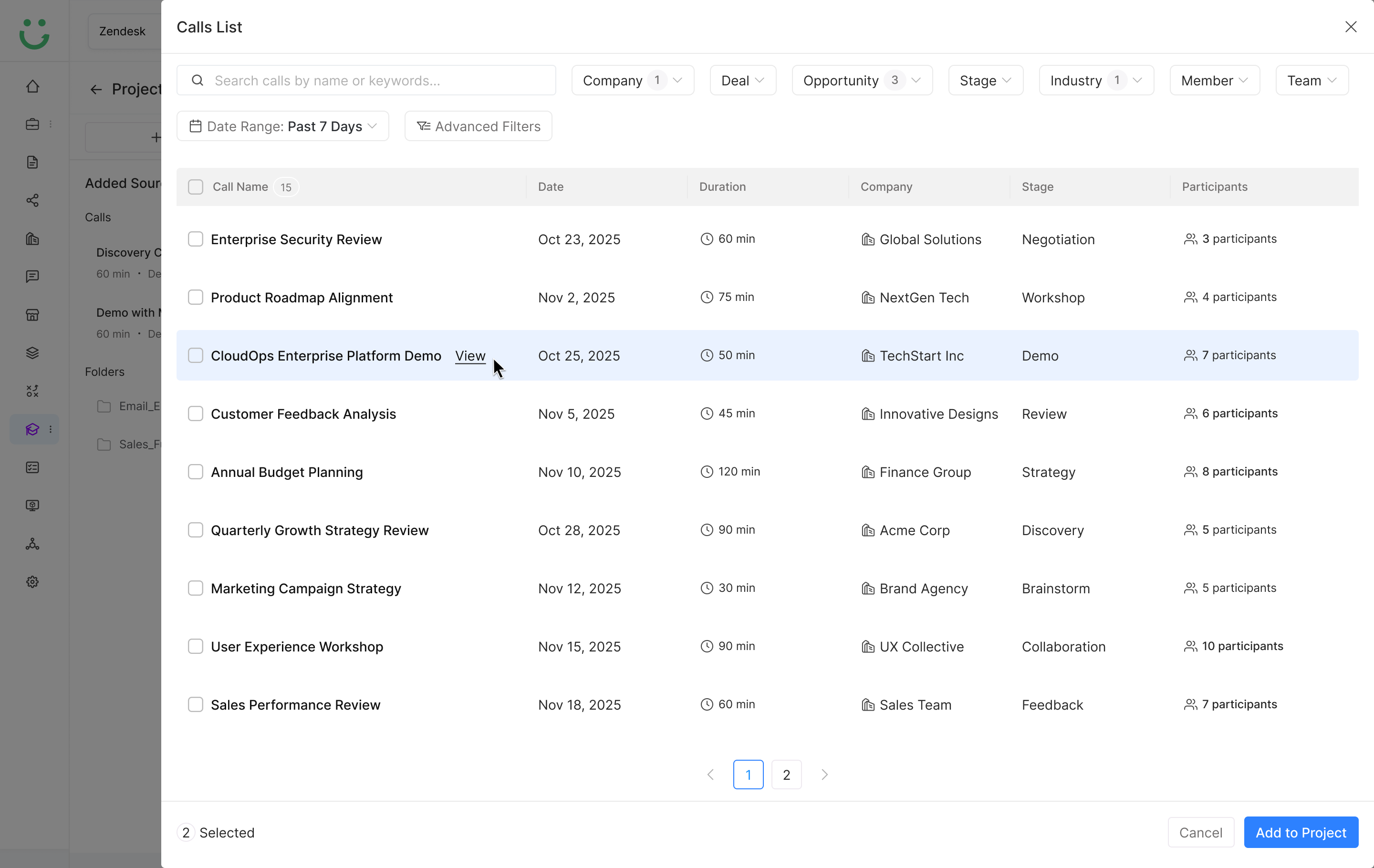 Hover state on a meeting source showing quick action options