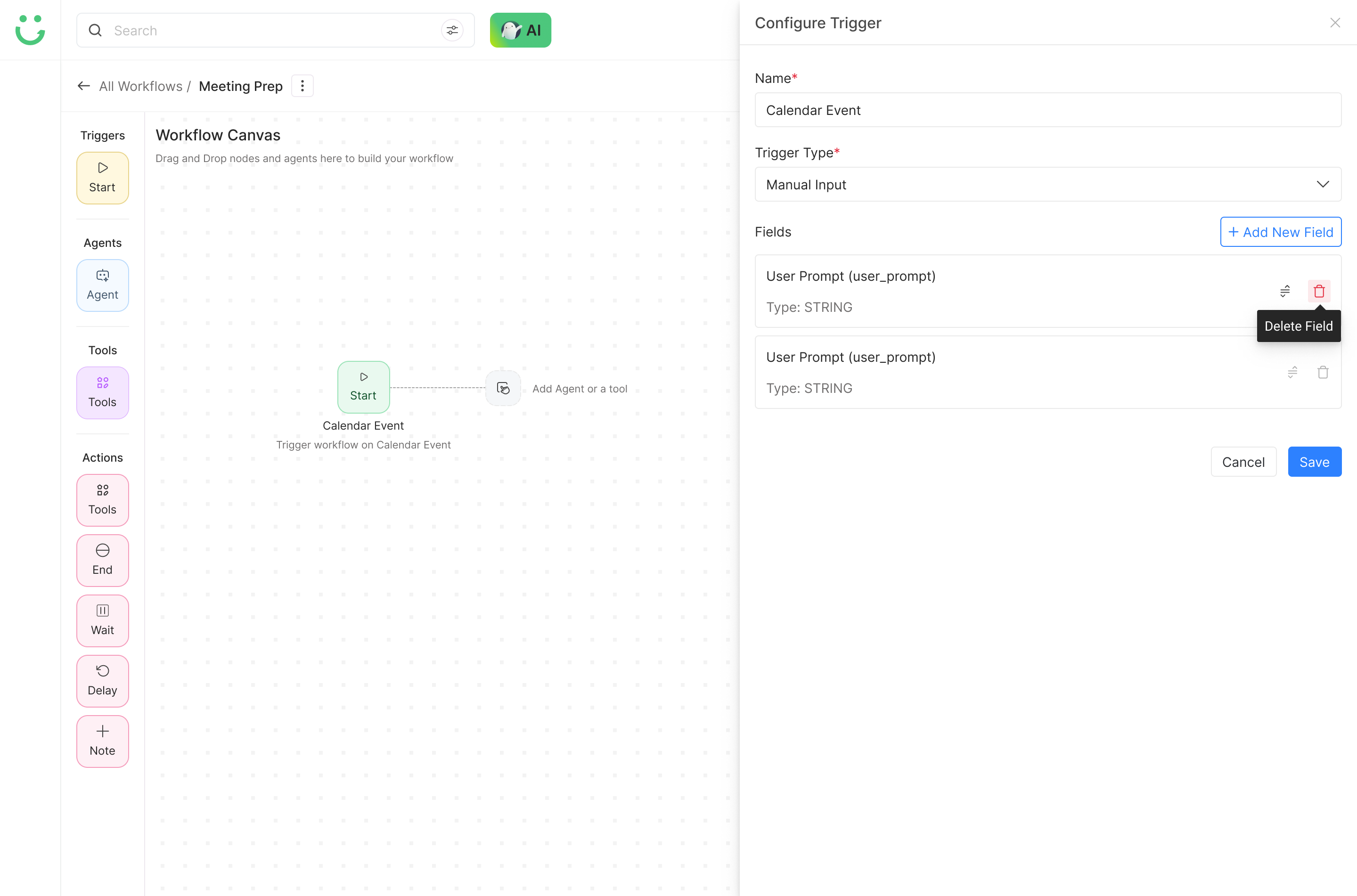 Configure Trigger side drawer open while workflow canvas remains visible