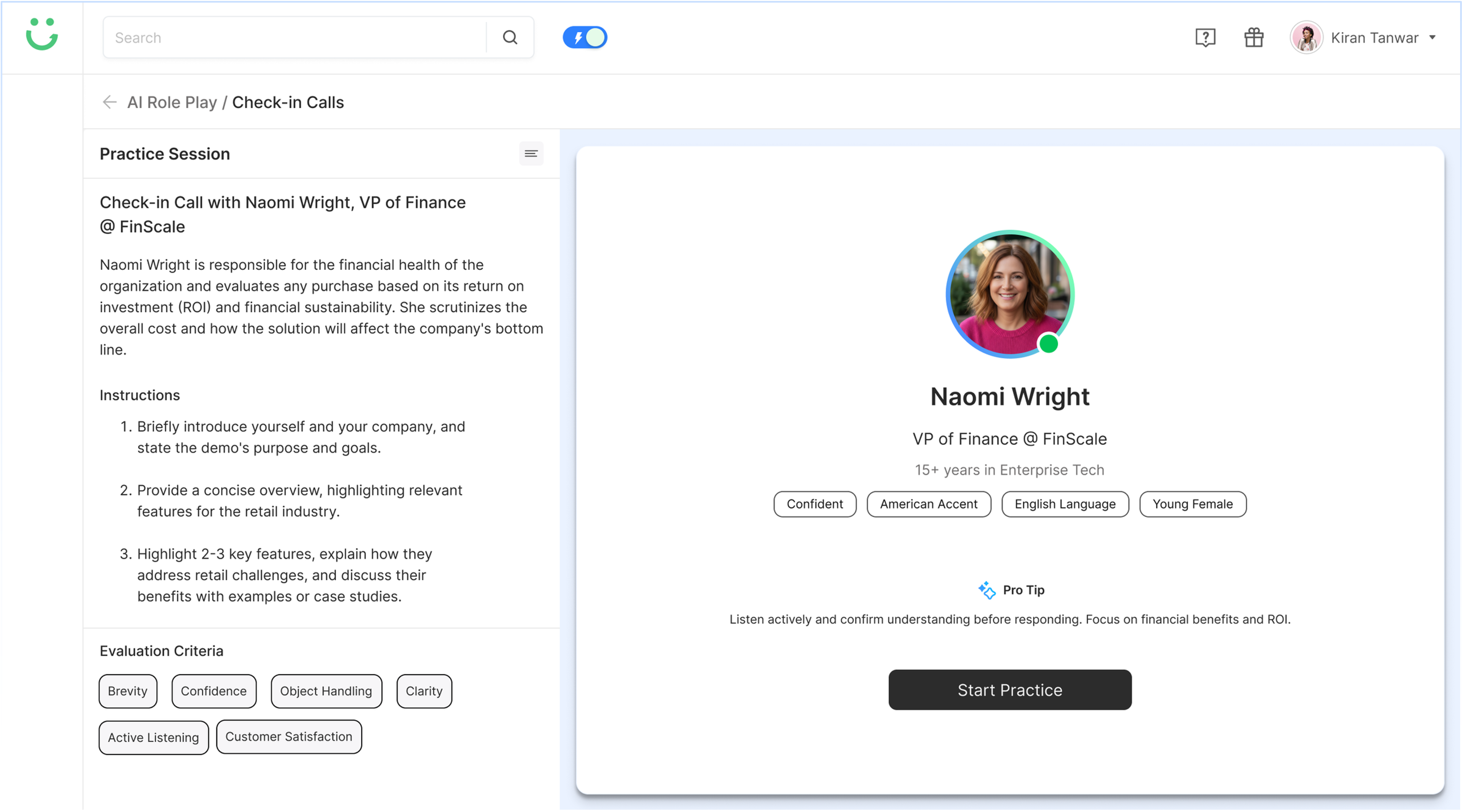 Practice session setup showing instructions on left and AI persona with Start Practice button on right