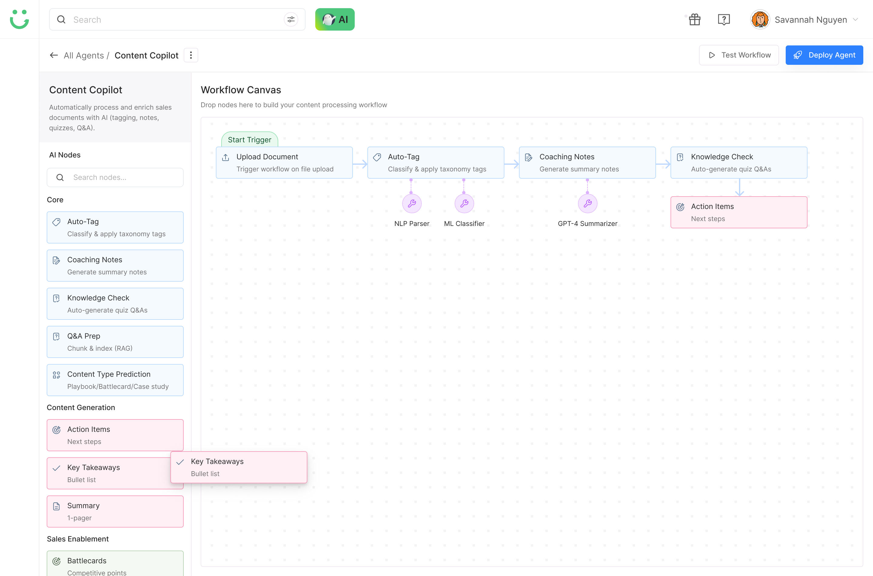 Agent workflow canvas with node sidebar showing Core and Content Generation node categories