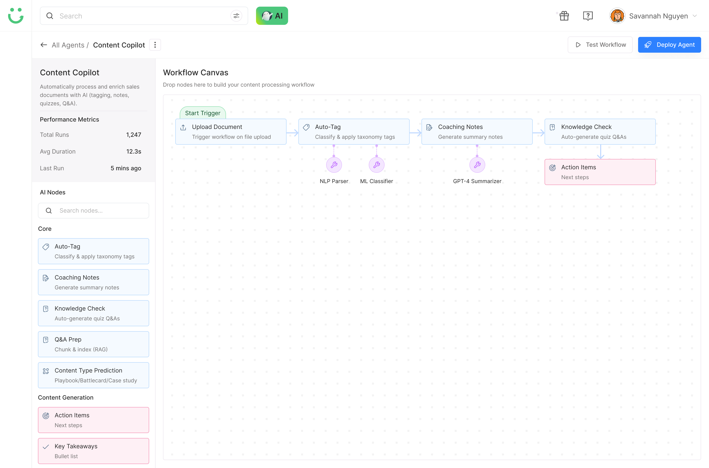 Content Copilot agent detail page showing workflow canvas with performance metrics panel