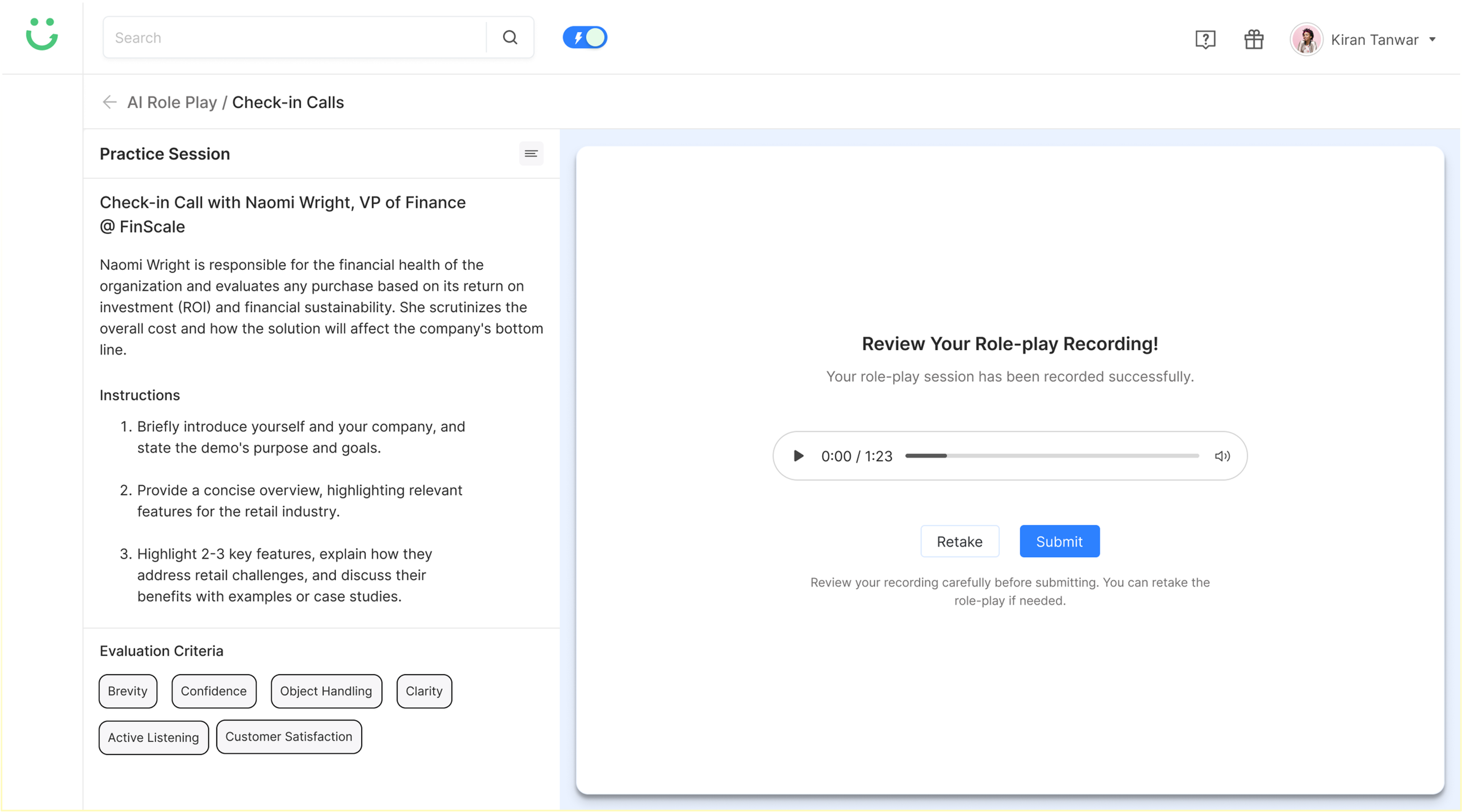 Recording review screen with playback controls and Retake or Submit options