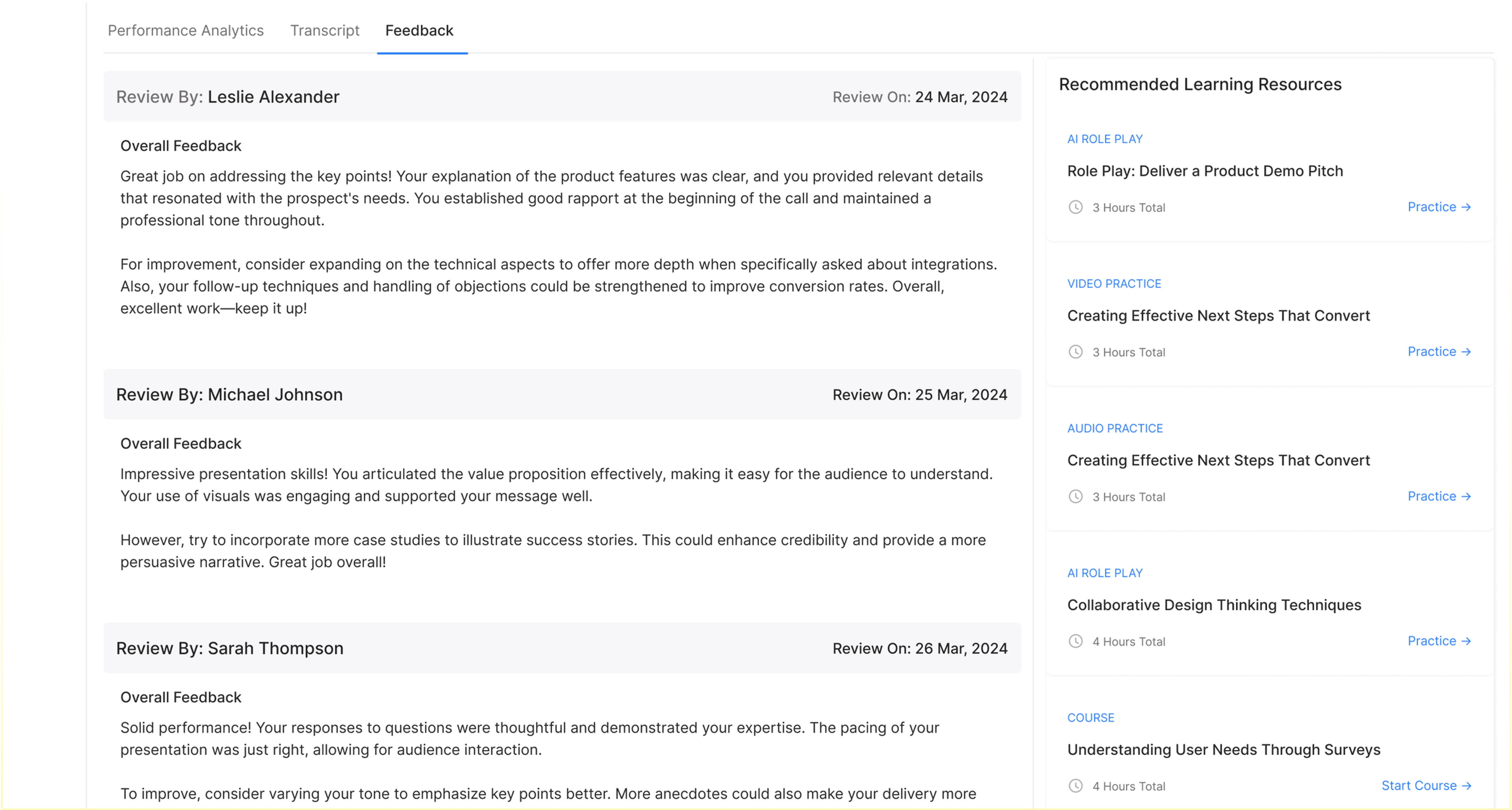 Feedback tab with reviewer comments and recommended learning resources sidebar