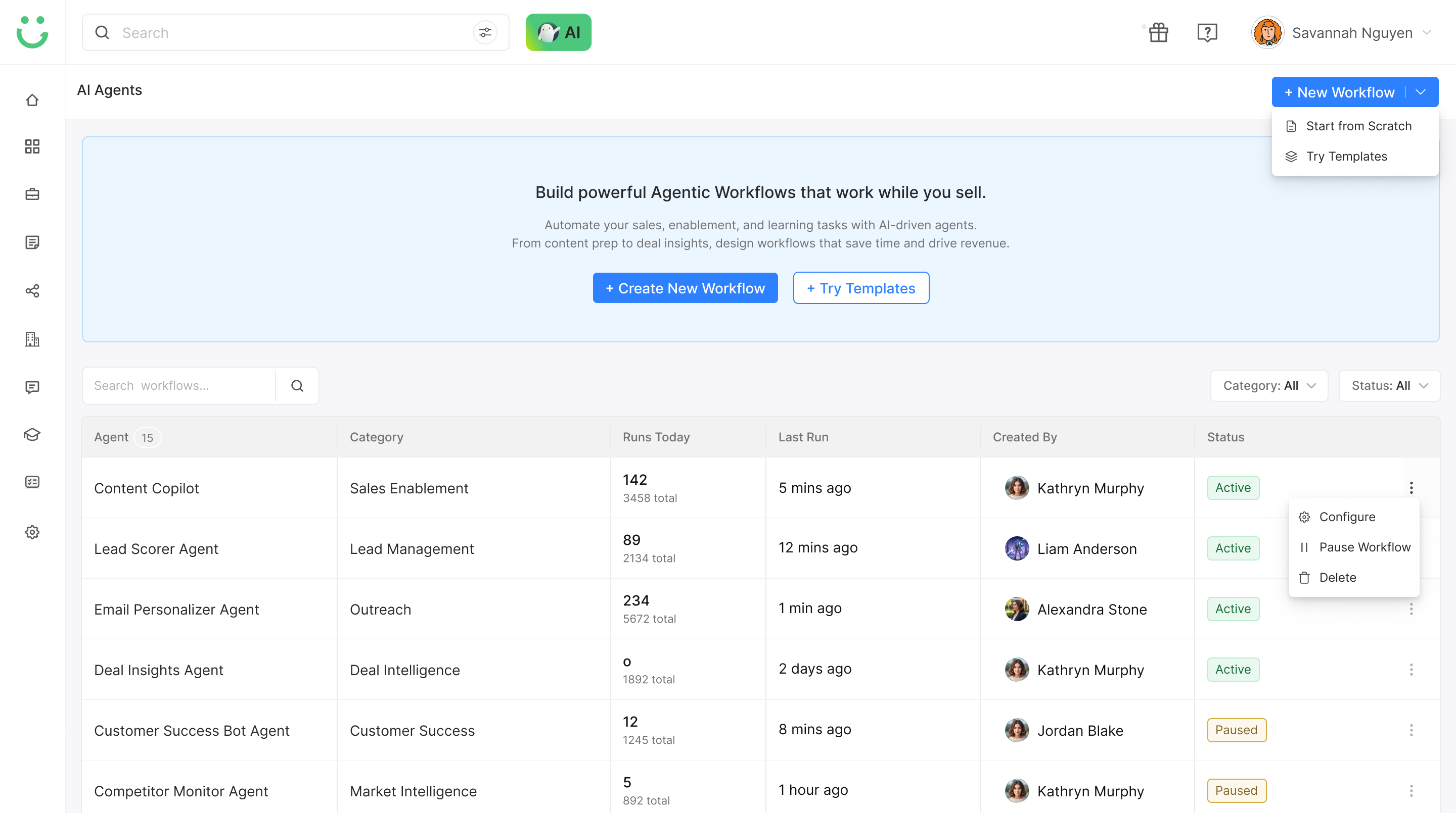 Agentic Workflows empty state with centered CTA to create a new workflow or start from templates