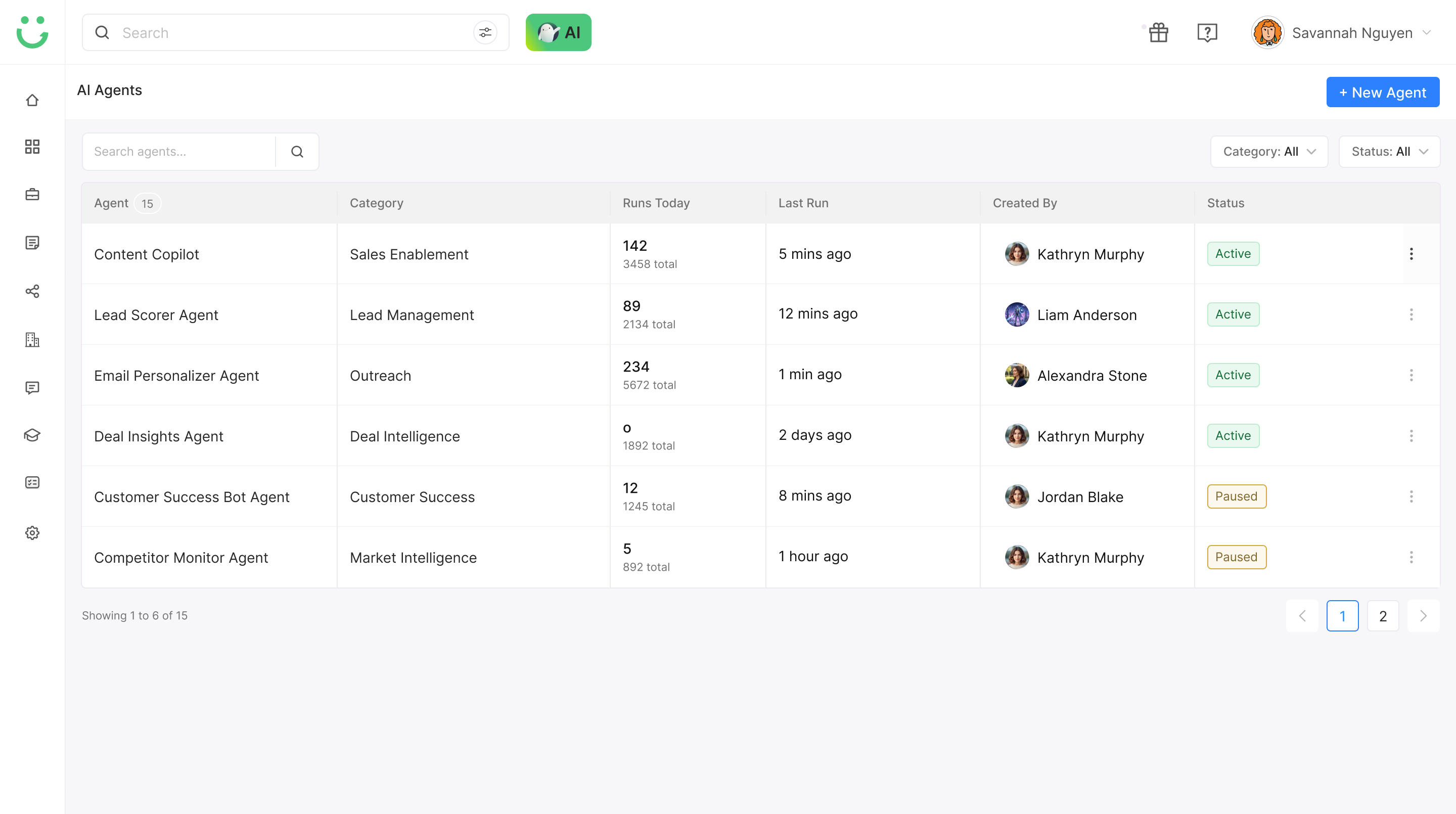 Agentic Workflows listing page showing all workflows with status, run count, last run, and owner