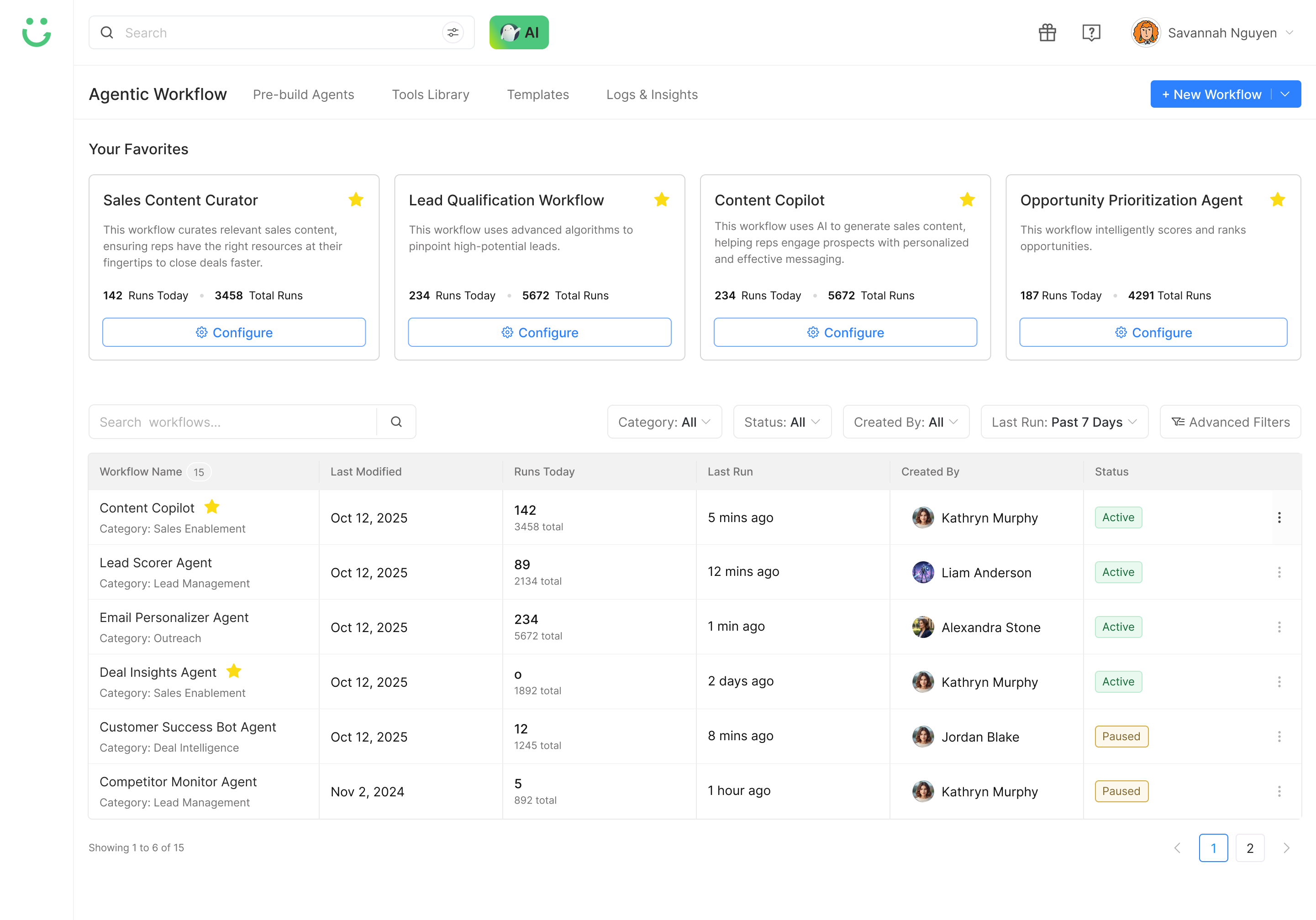 Agentic Workflows listing page showing favorites, run counts, and status