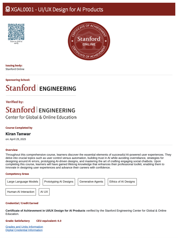 Stanford UI/UX Design for AI Products Certificate